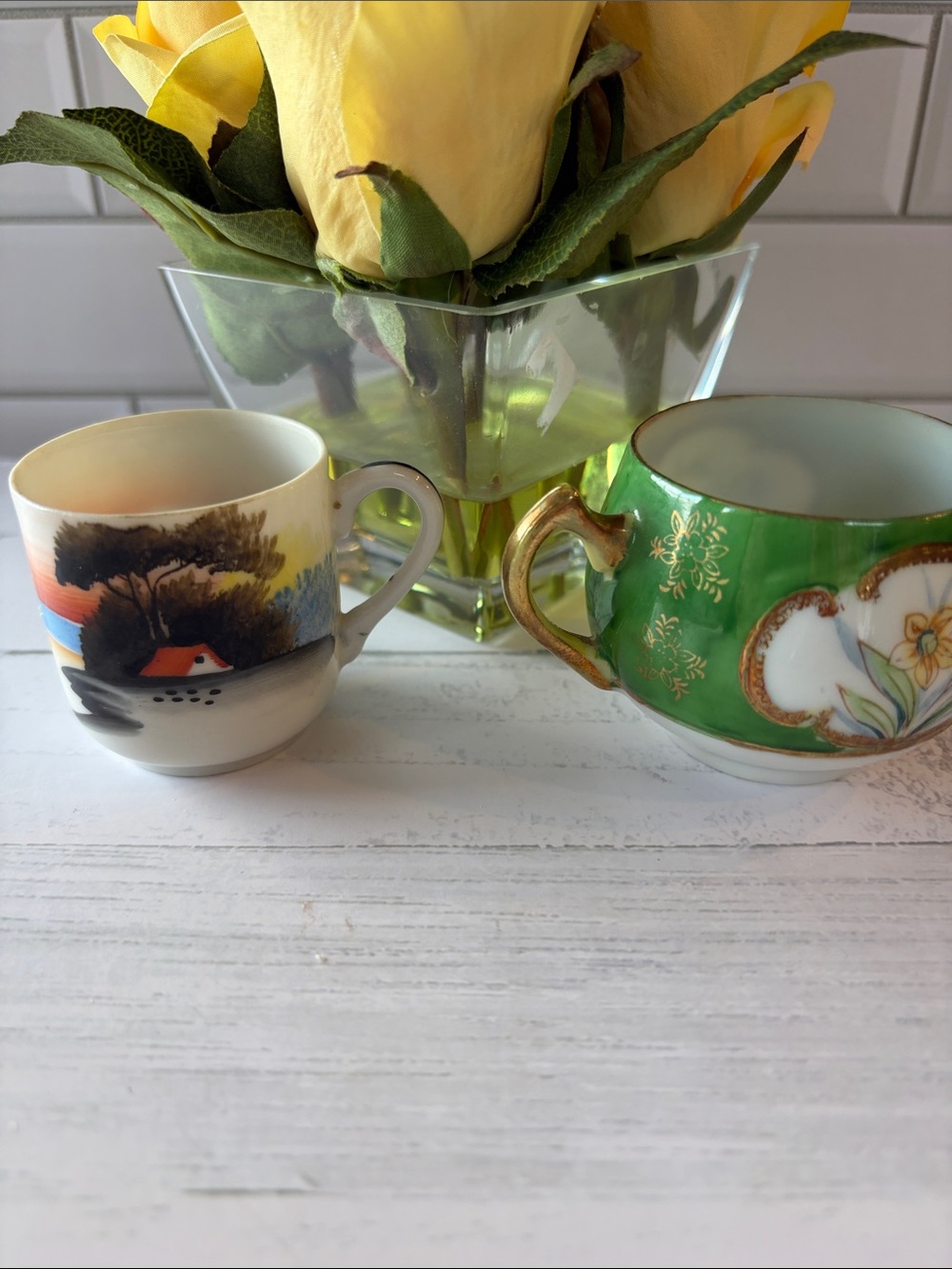 Green and White Decorative Porcelain cups Pair with Gold Trim Miniatures